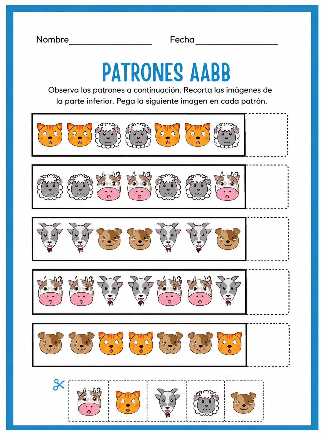 Ficha de patrones AABB con animales de granja