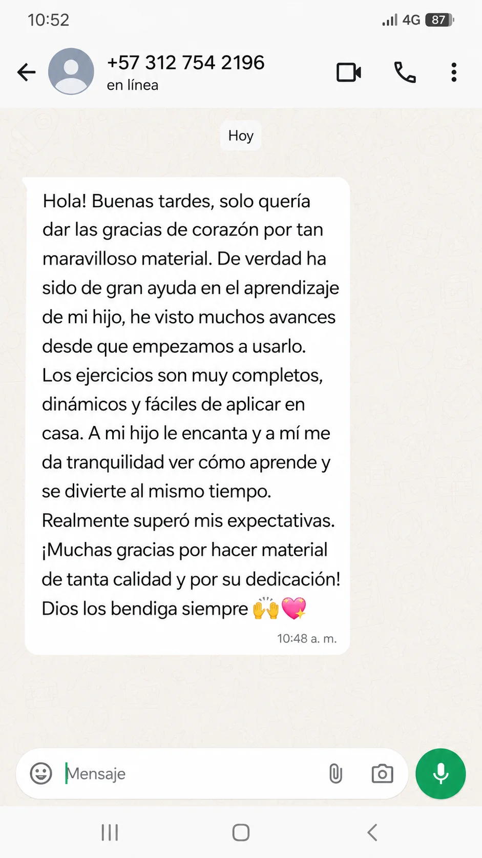 Captura de WhatsApp de un testimonio real 1