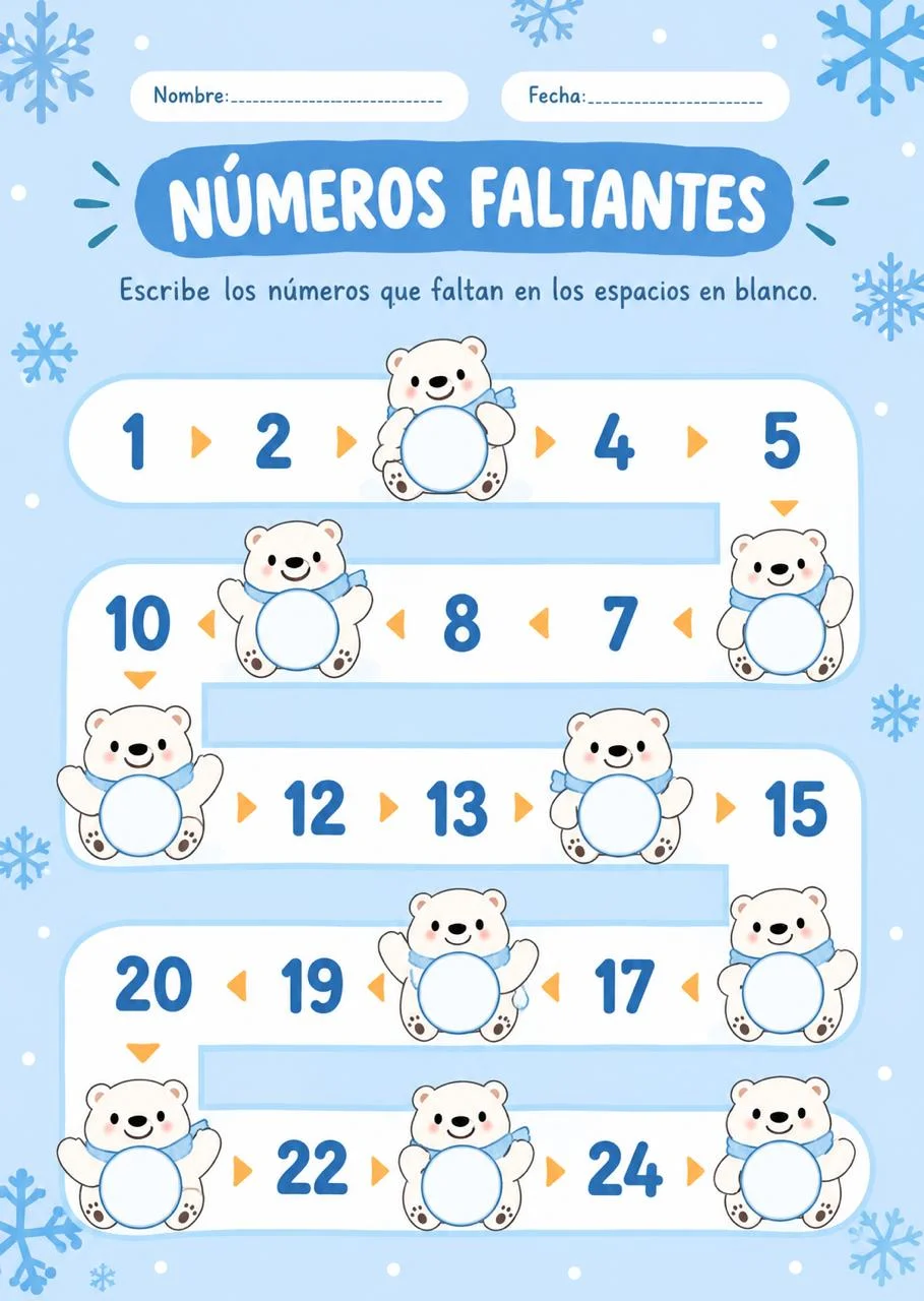 Ficha de números faltantes con osos polares