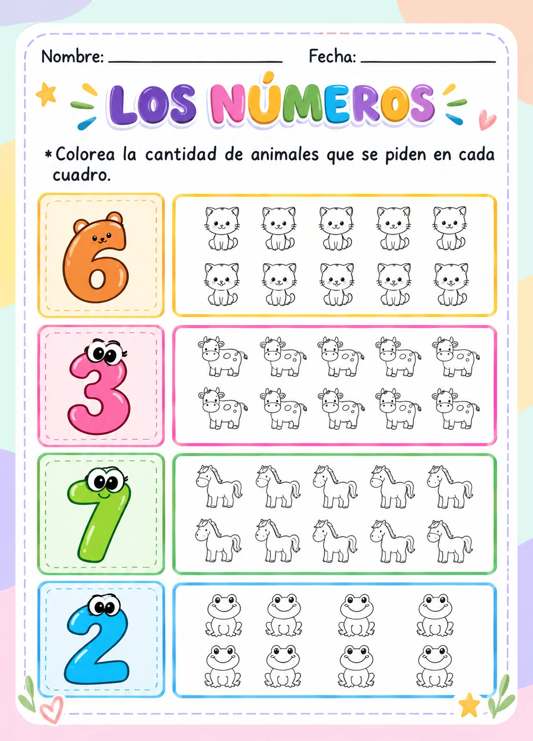 Ficha de los números para colorear la cantidad de animales