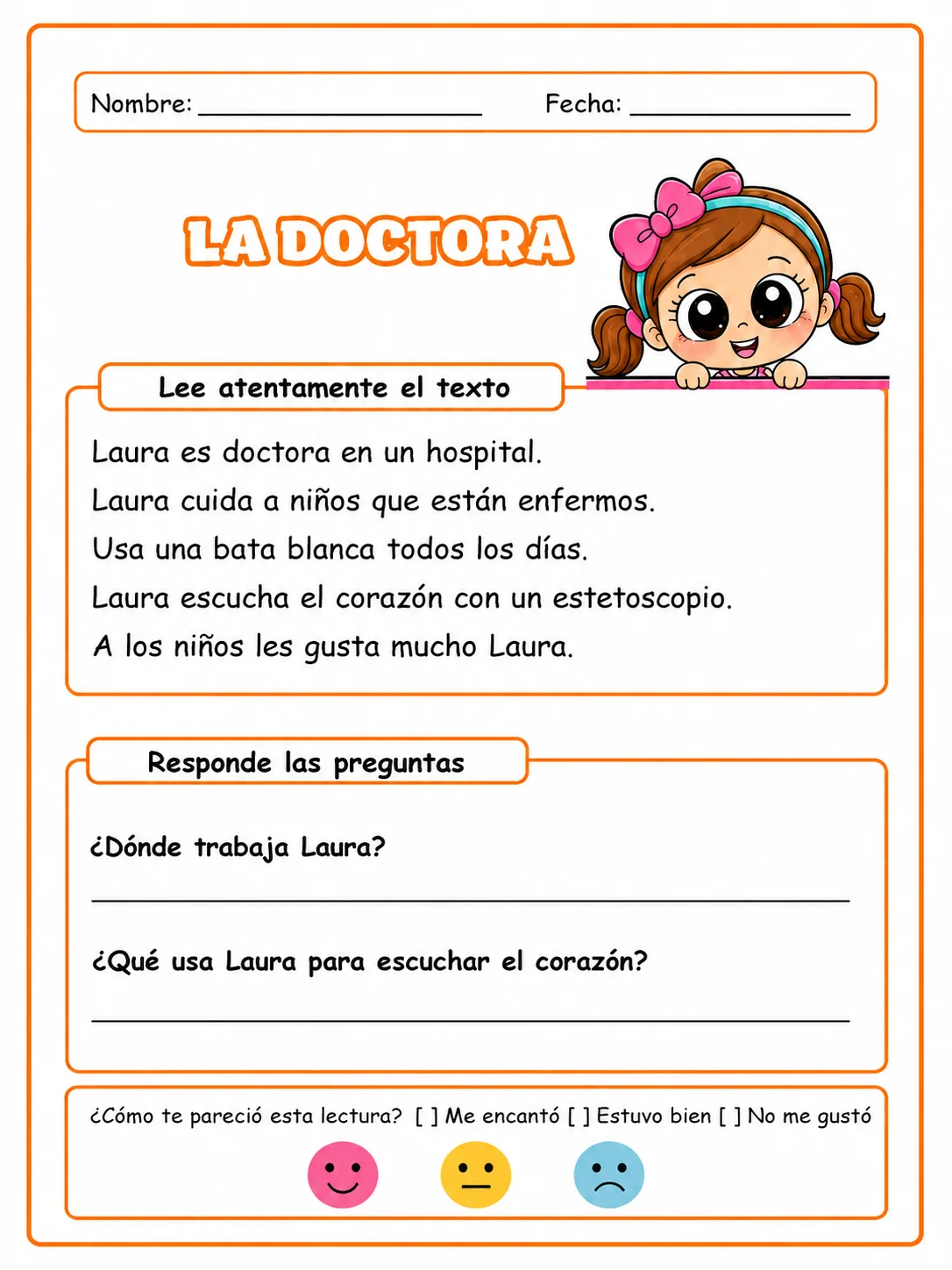 Lectura y comprensión la doctora con preguntas