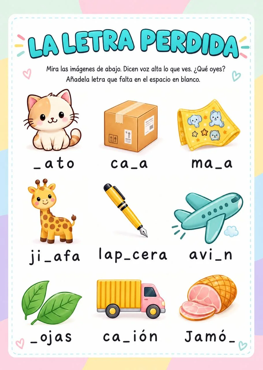 Actividad la letra perdida para completar palabras con imágenes