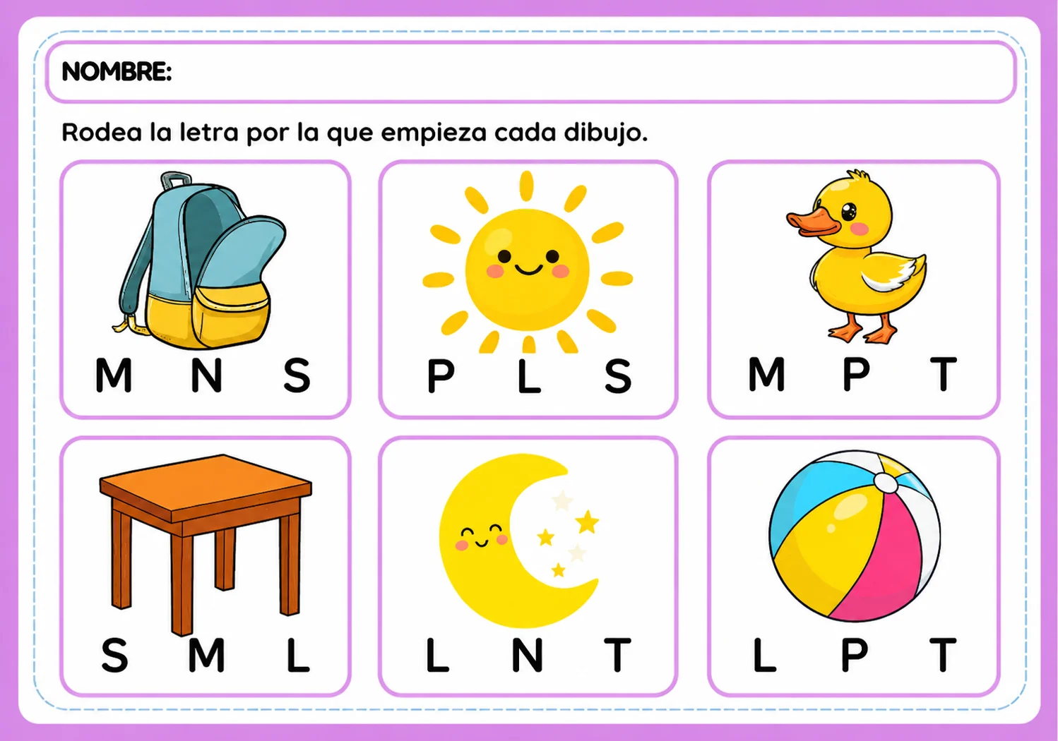 Actividad para rodear la letra inicial de cada dibujo